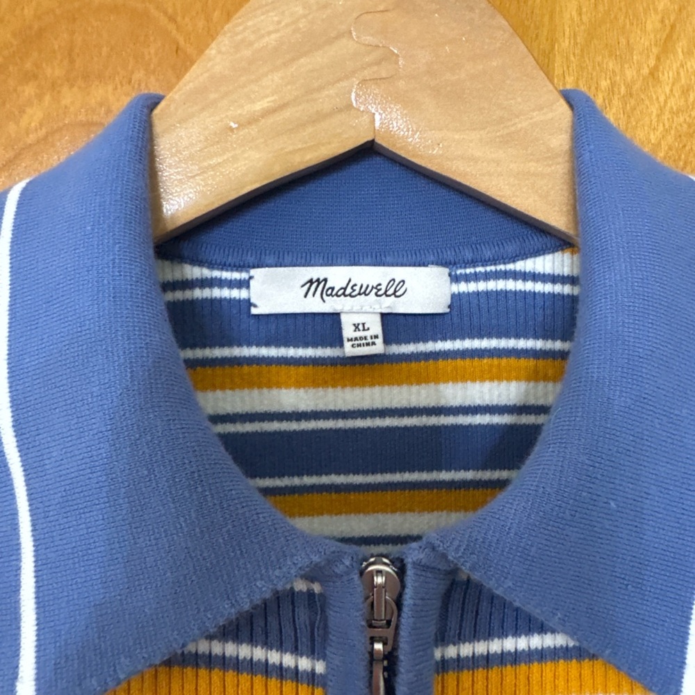 Madewell Half-Zip Knit Polo – Blue/Yellow Stripe, Size XL - Picture 4 of 5